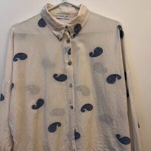 Civico 51 Lab Cream Womens Button-Up Shirt Embroidered Blue Paisley Sz L